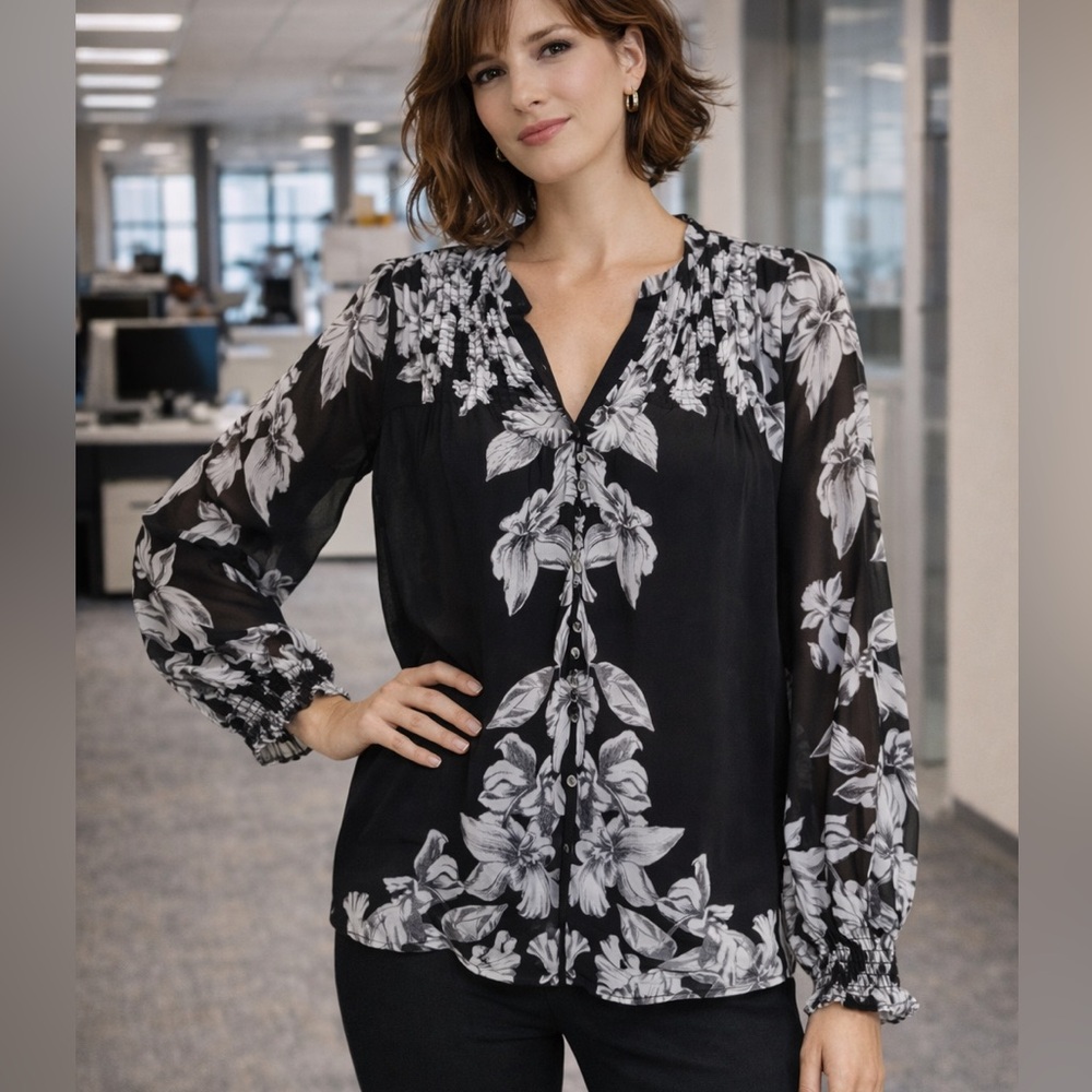 White House Black Market Black and White Floral Blouse